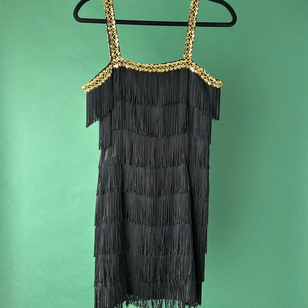 Vintage 60s/70s Black Fringe Dress with Gold Sequins